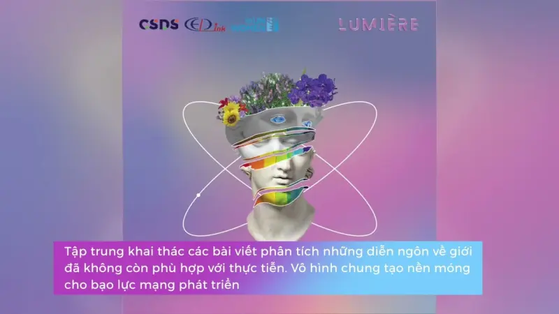 Title card for the Lumière campaign: a classical bust wrapped in rainbow bands and flowers, over a caption about online discourse on gender